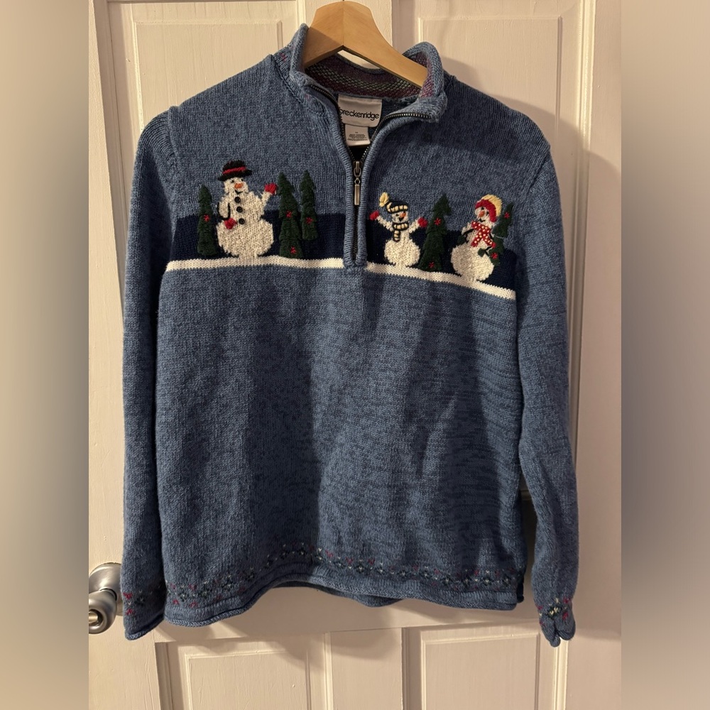 Breckenridge Blue Embroidered Christmas Sweater Sweatshirt 1/4 Zip Snowman